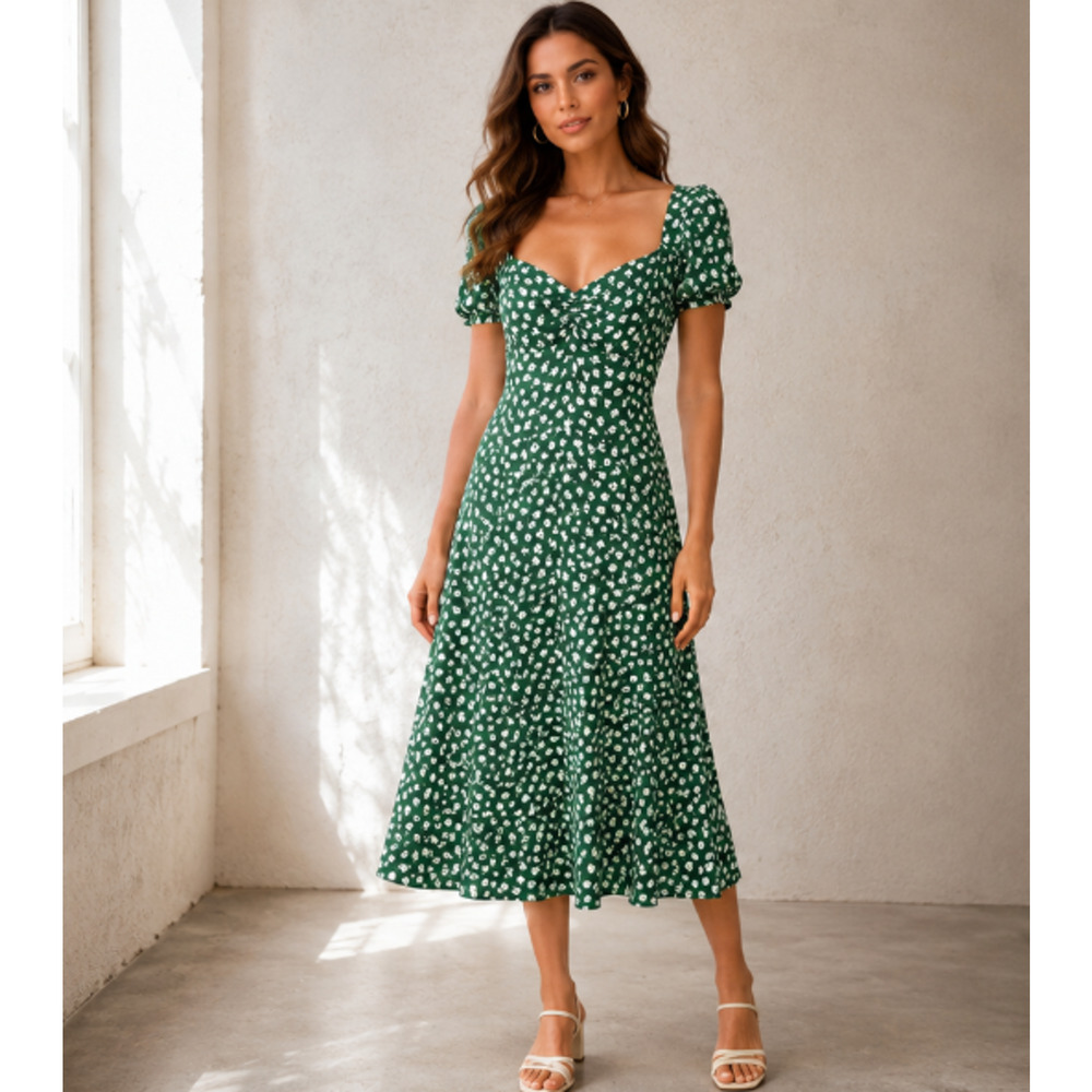 Reformation Lacey Green Floral Midi Dress Sz 12 Puff Sleeve Cottagecore Prairie - Picture 2 of 12